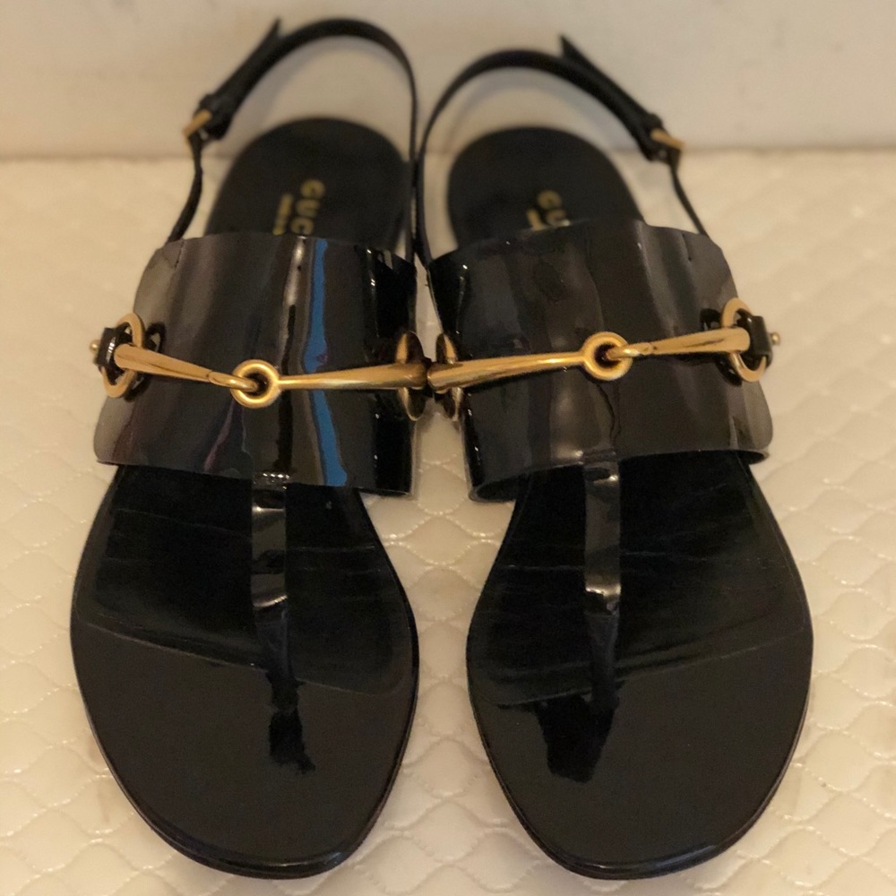 Gucci Black Patent Leather Gold Horsebit Slingback Sandals